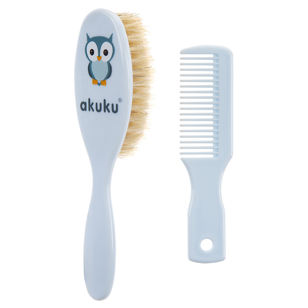 Image of Akuku fésű és kefe természetes sörtékkel Bagoly kék